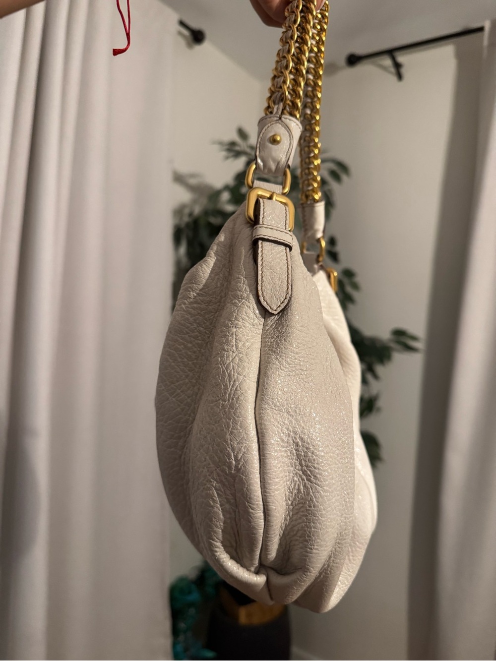 PRADA Cervo Lux Chain Hobo Shoulder Bag Leather Cream GHW PREOWNED - Picture 5 of 16